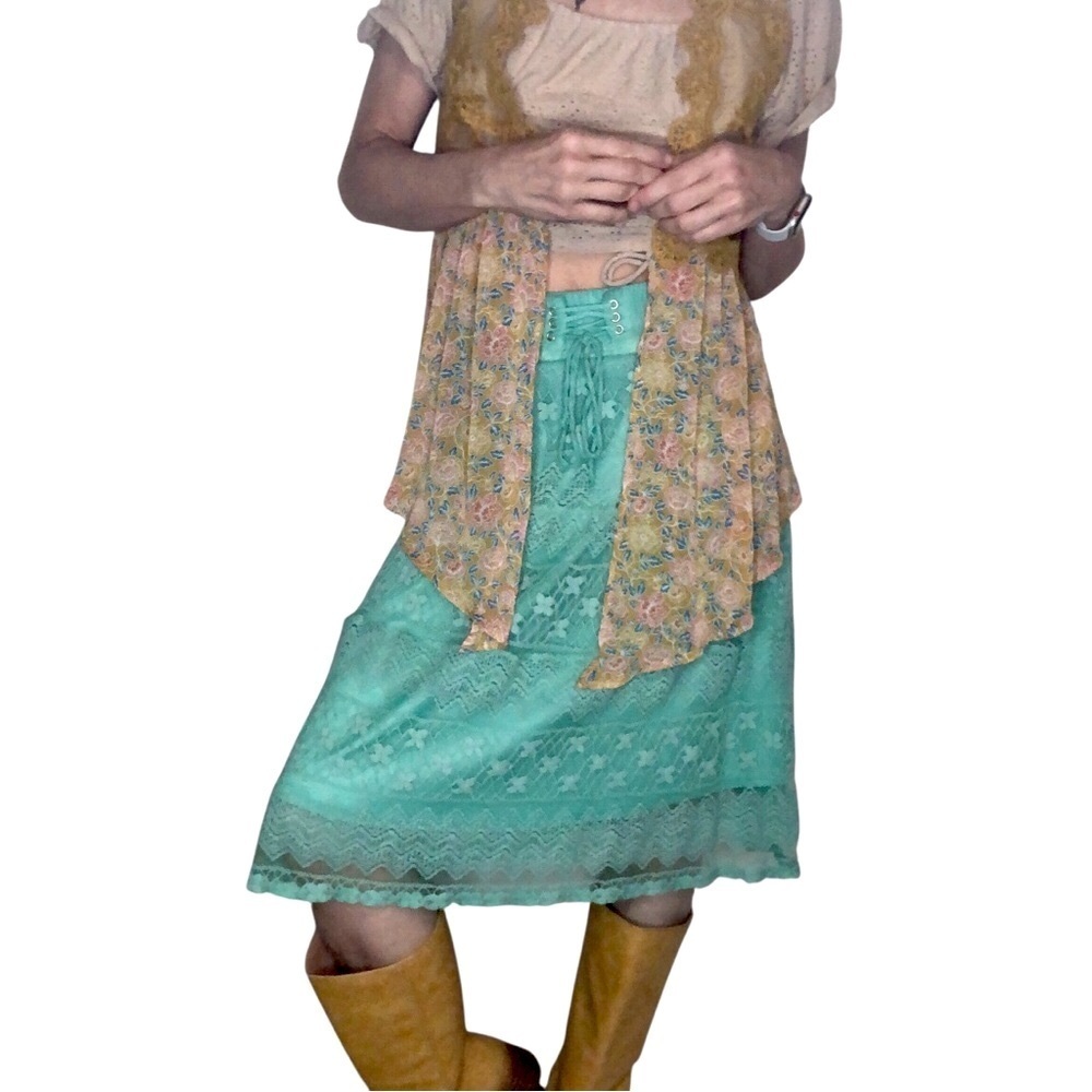 90'sY2K Lapis Coquette Fairycore Skirt Sz L Corset Waist Lace Overlay Green Boho